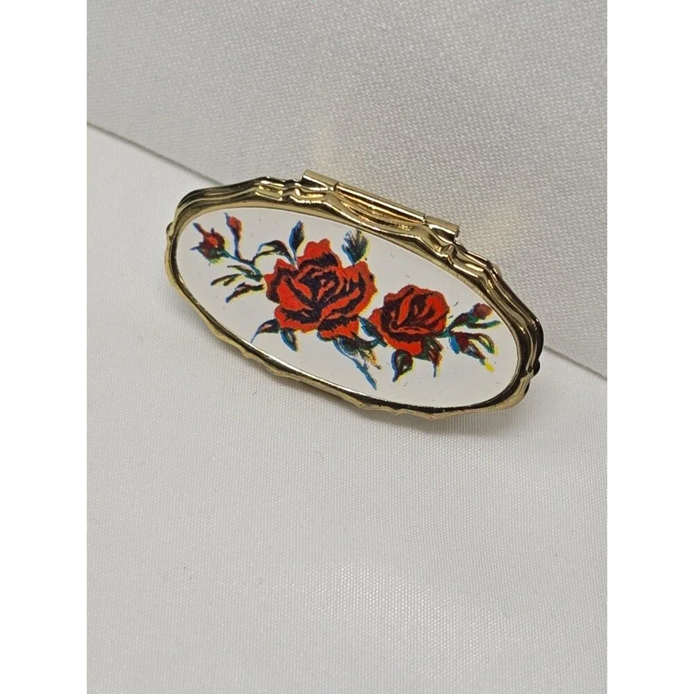 Vintage Lipstick Holder with Mirror Gold Tone Floral Decal Clip-On Vanity